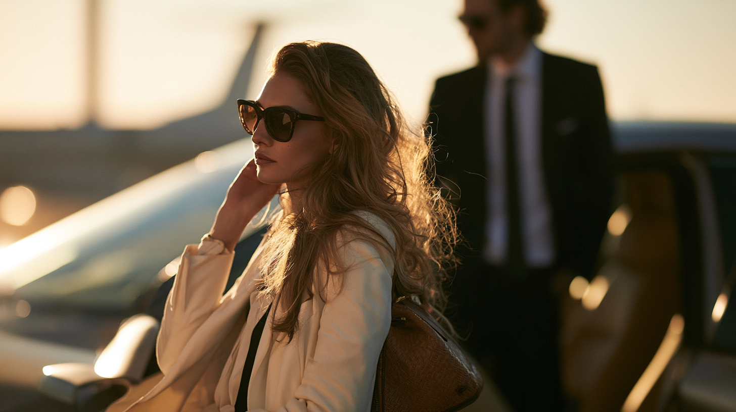 Traveller beside a private jet at golden hour