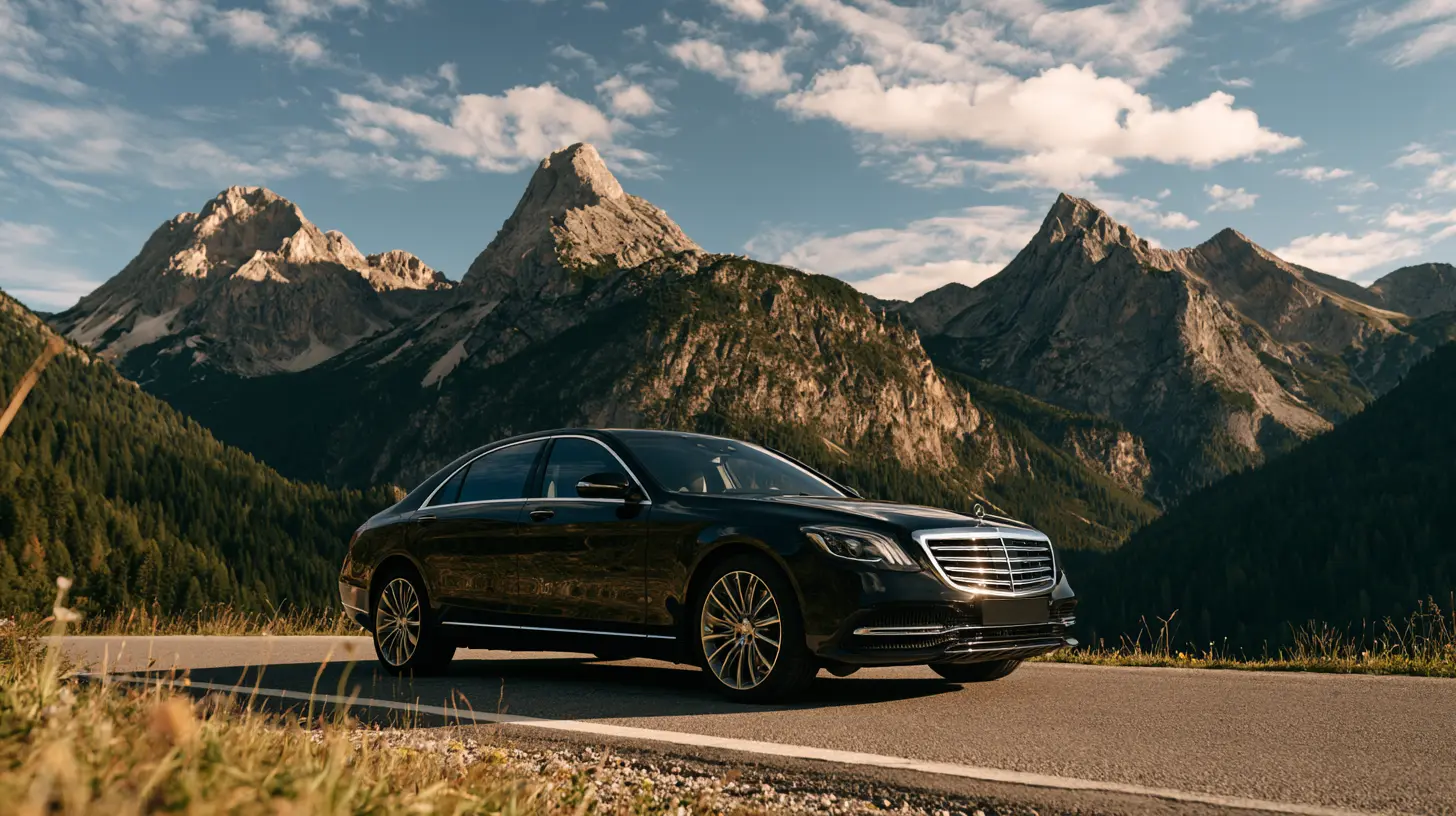 Chauffeured luxury sedan on a mountain road