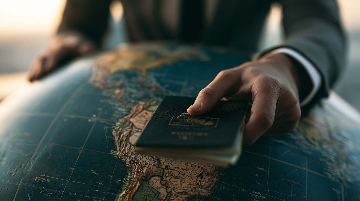 Traveller resting a passport on a globe at sunrise