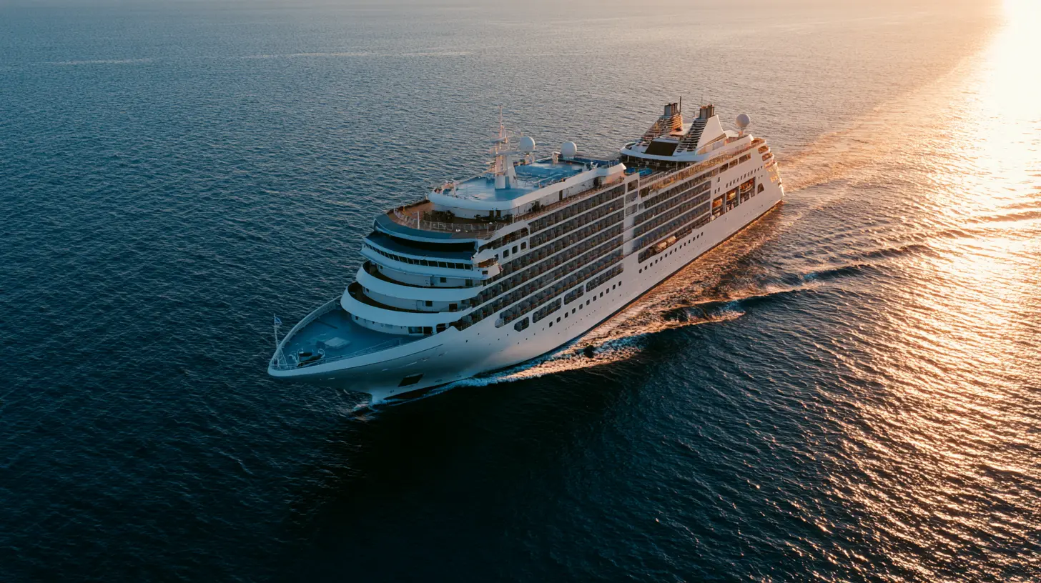Luxury cruise ship at sea in golden light
