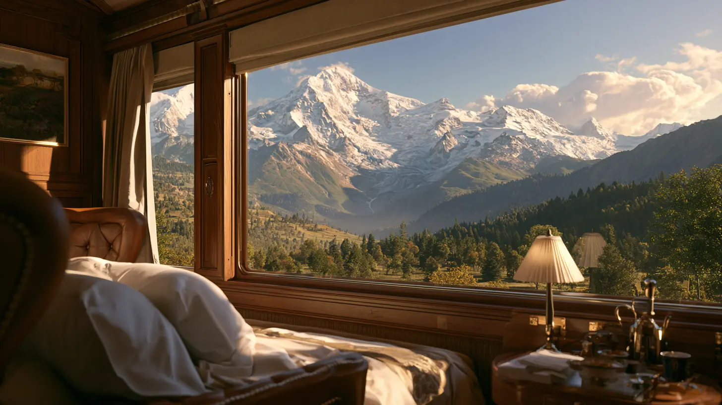 Luxury train suite with alpine mountain views