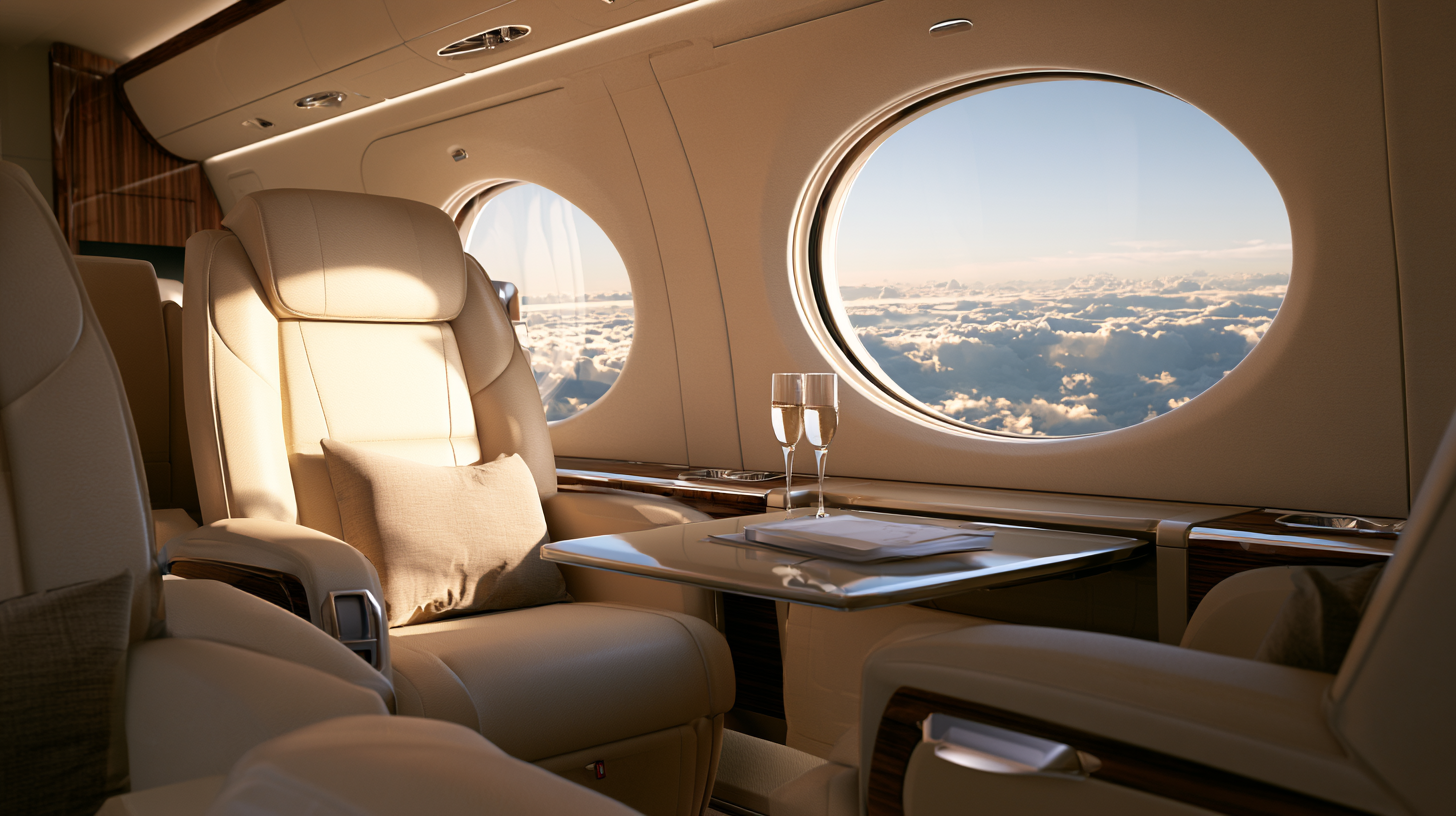 Private jet cabin interior above the clouds